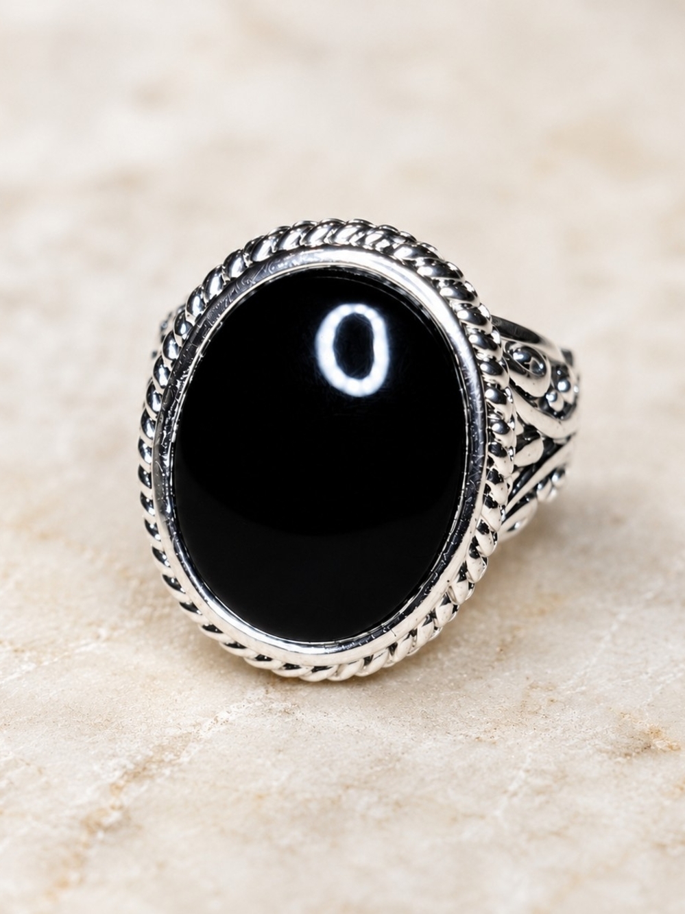 Vintage Black Cabochon Ring Silver Tone Filigree Statement Ring Size 8